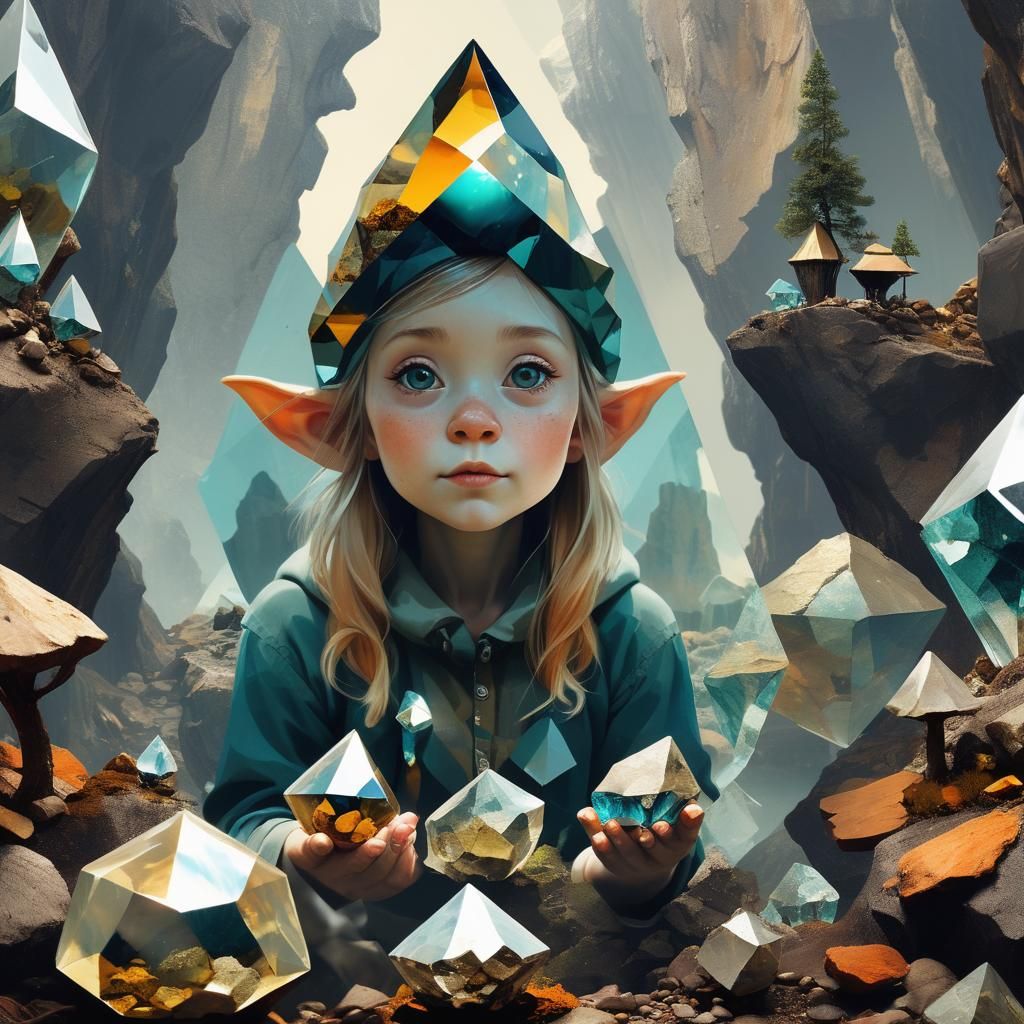 Gnome's Surreal Gem Mine Double Exposure Art