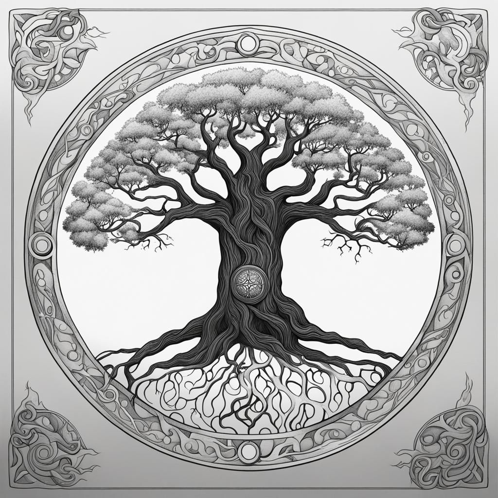 Striking Black and White Line Drawing of Yggdrasil
