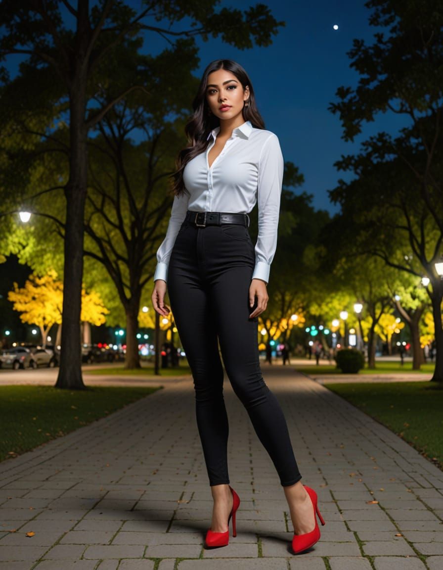 Athletic Mexican Woman in Park at Night