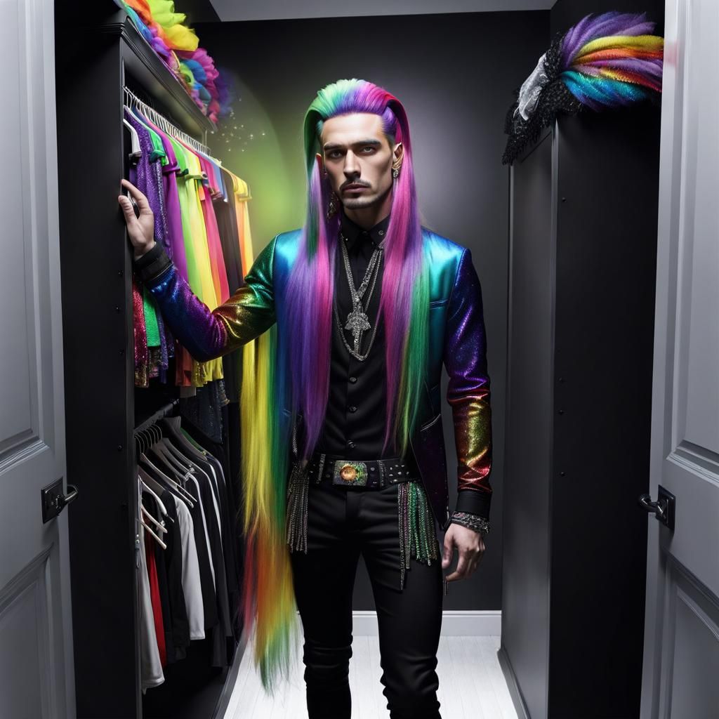 Sad Goth Punk Man in Rainbow Closet
