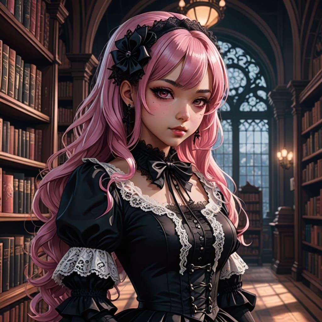 African American Gothic Lolita in a Whimsical University Lib...
