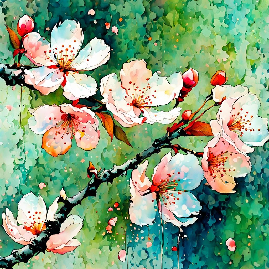 Delicate Cherry Blossom Branch in Watercolor Style