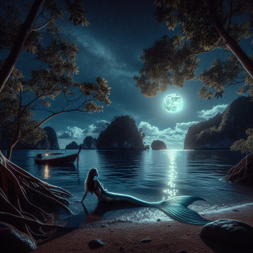 Hyperrealistic Mermaid in Moonlit Ocean Scene