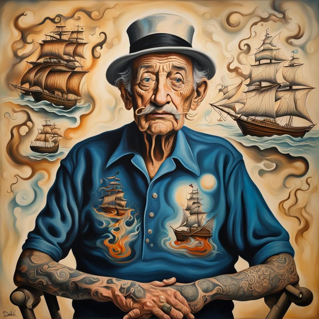 Surreal Tattooed Man in Dali-esque Oil Painting