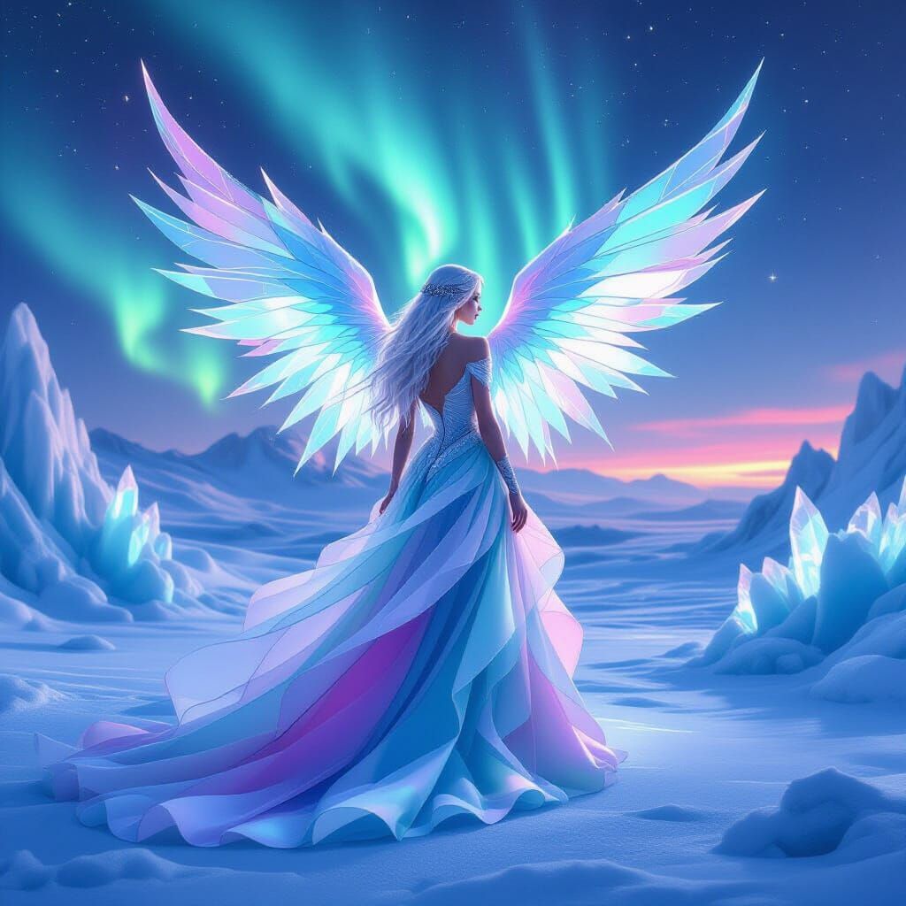 Iridescent Gown in a Frozen Palace, Ethereal Art