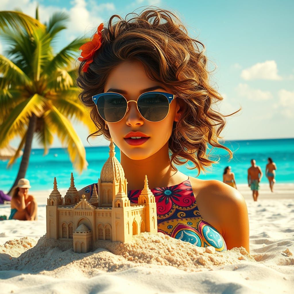 Elegant Beach Goddess Amidst Whimsical Sandcastle Wonderland