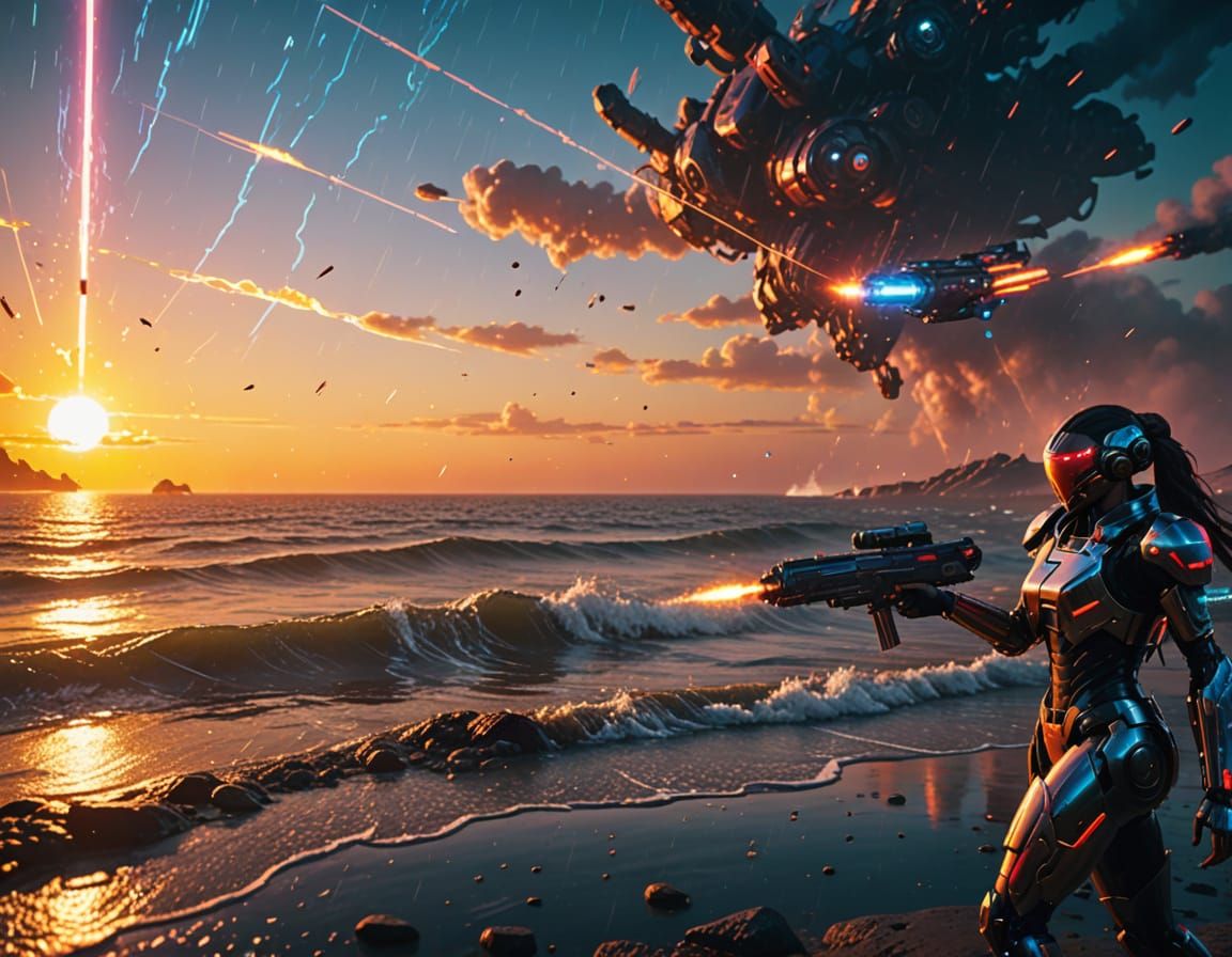 Cyborgs Defend Shoreline from Alien Invaders in Neon-Lit Epi...
