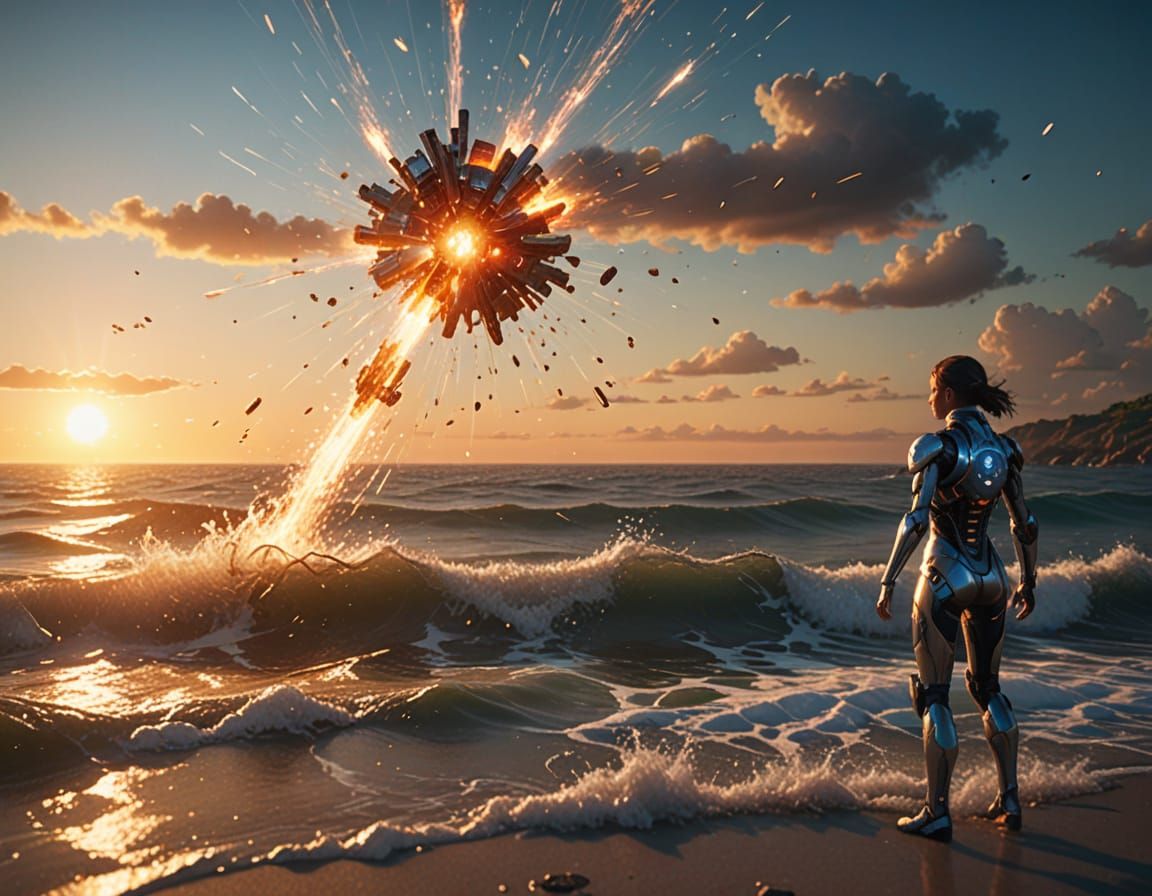 Cyborg Warriors Defend Shoreline Against Alien Invasion