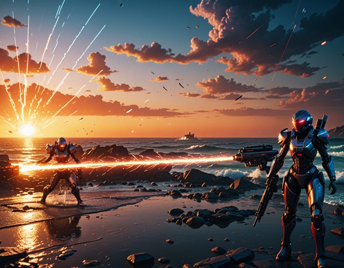 Cyborg Warriors Engage Alien Invaders in Futuristic Shorelin...