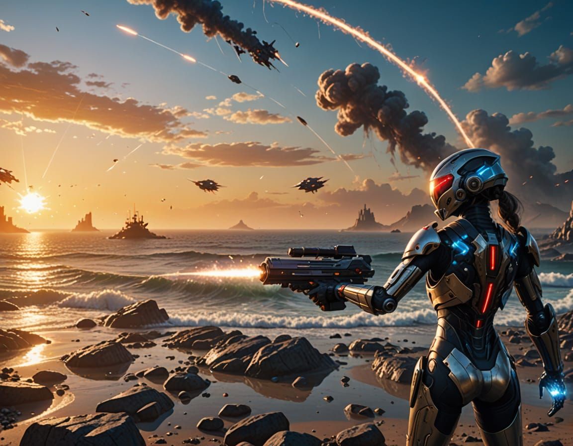 Cyborg Warriors Defend Shoreline in Epic Cyberpunk Battle