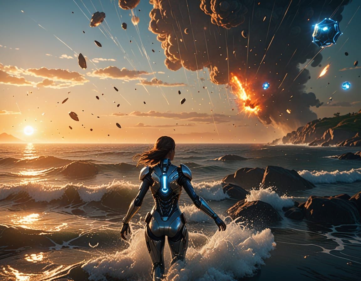 Cyborg Warriors Defend the Shoreline Against Alien Invasion
