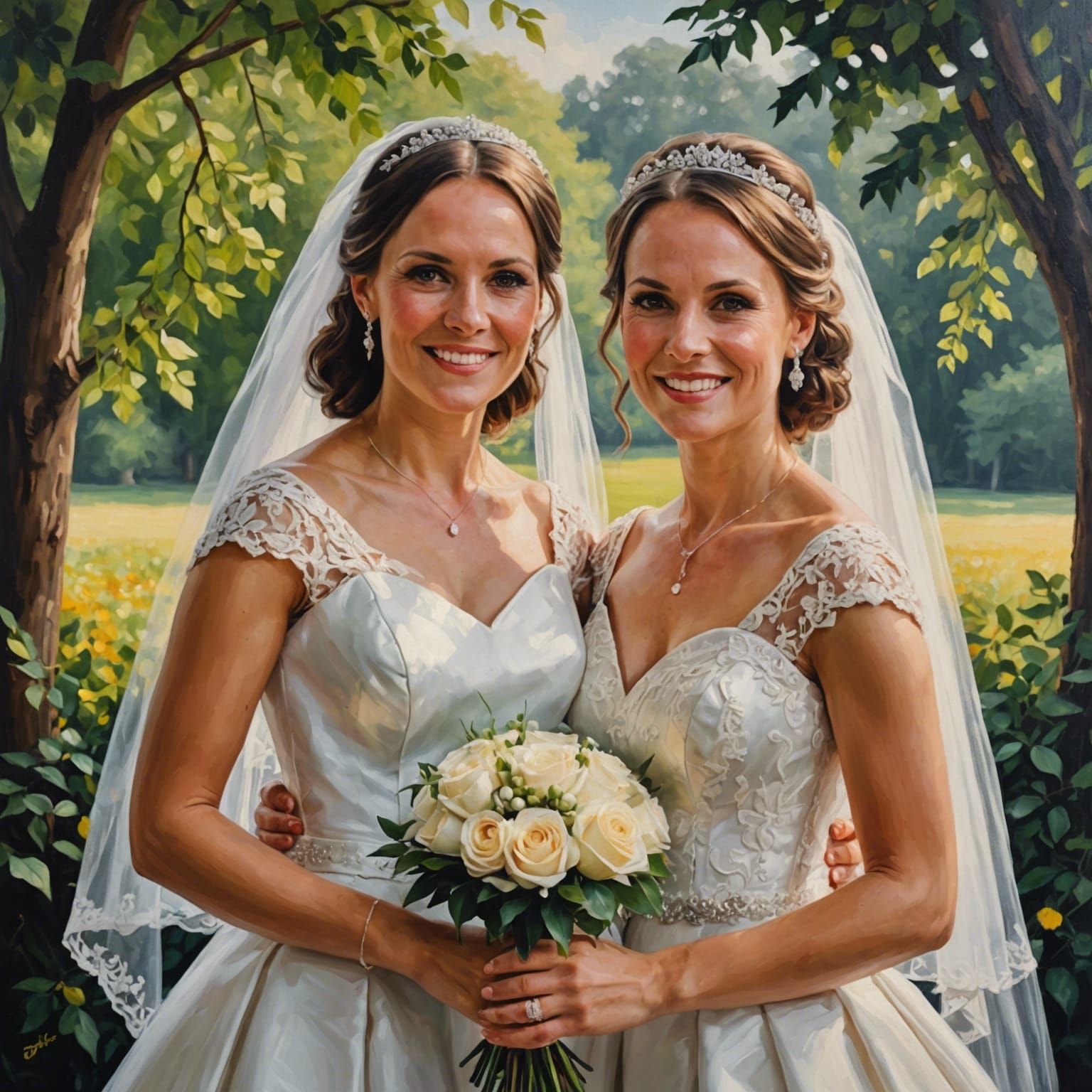 Two Women Wedding Photo as Oil Painting