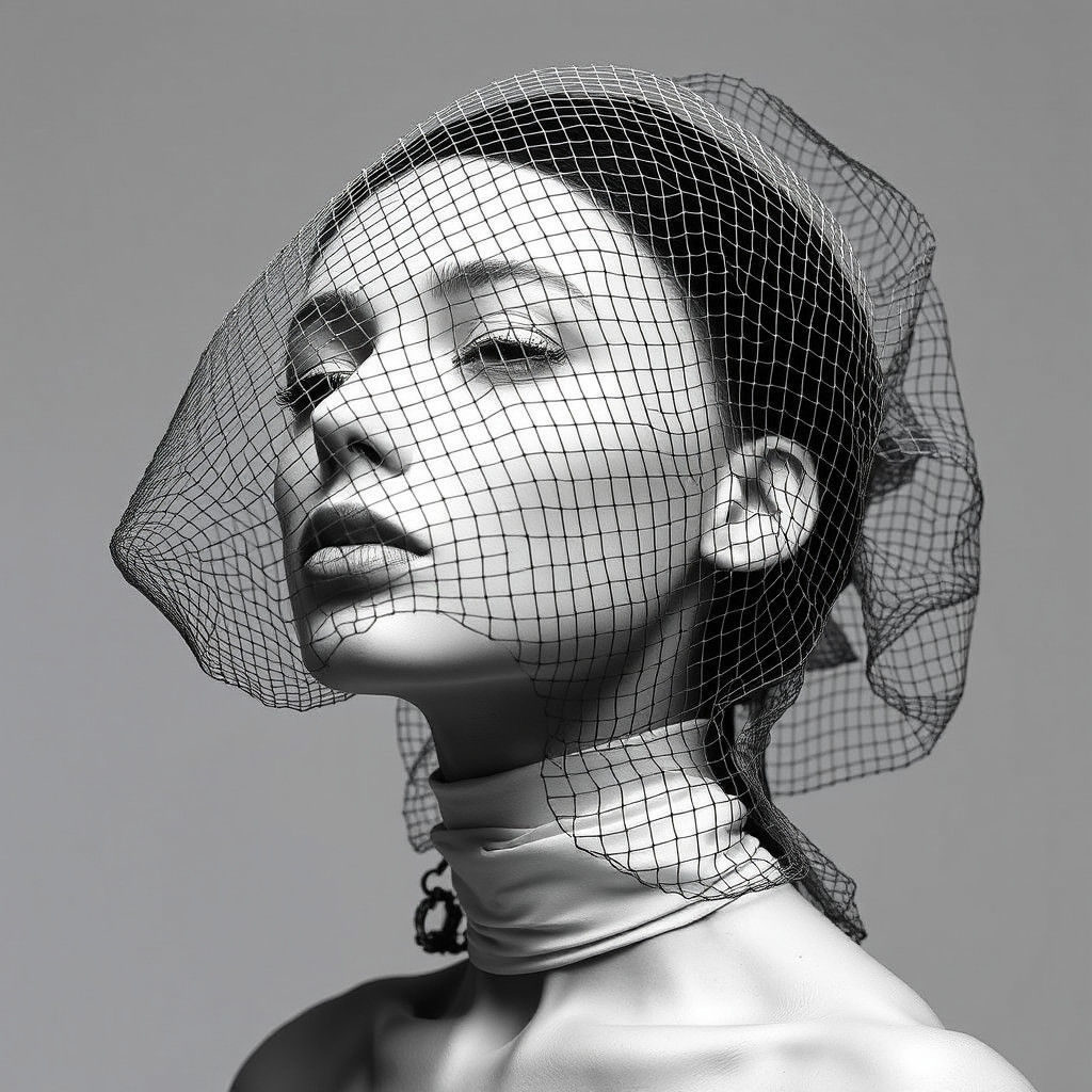 Futuristic Woman with Veil in Black and White