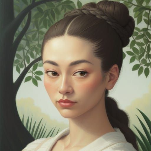 Naive Art Portrait of Woman with Bun