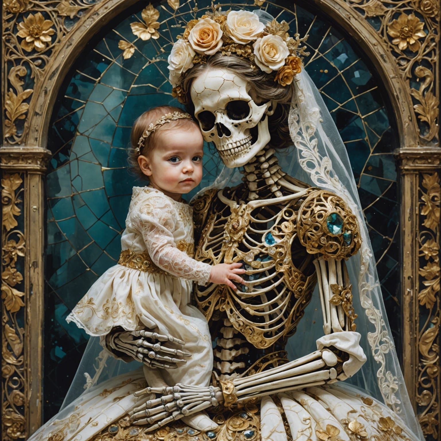 Skeleton Bride Portrait with Baby in Mixed Media