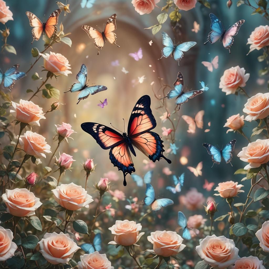 Surreal Butterfly and Roses with Ghostly Apparitions