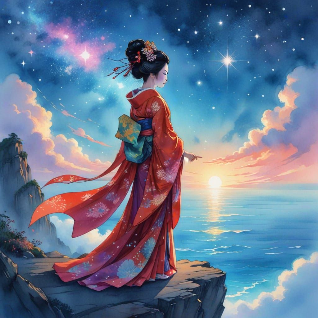 Mystical Geisha Overlooking Cosmic Ocean in Watercolor