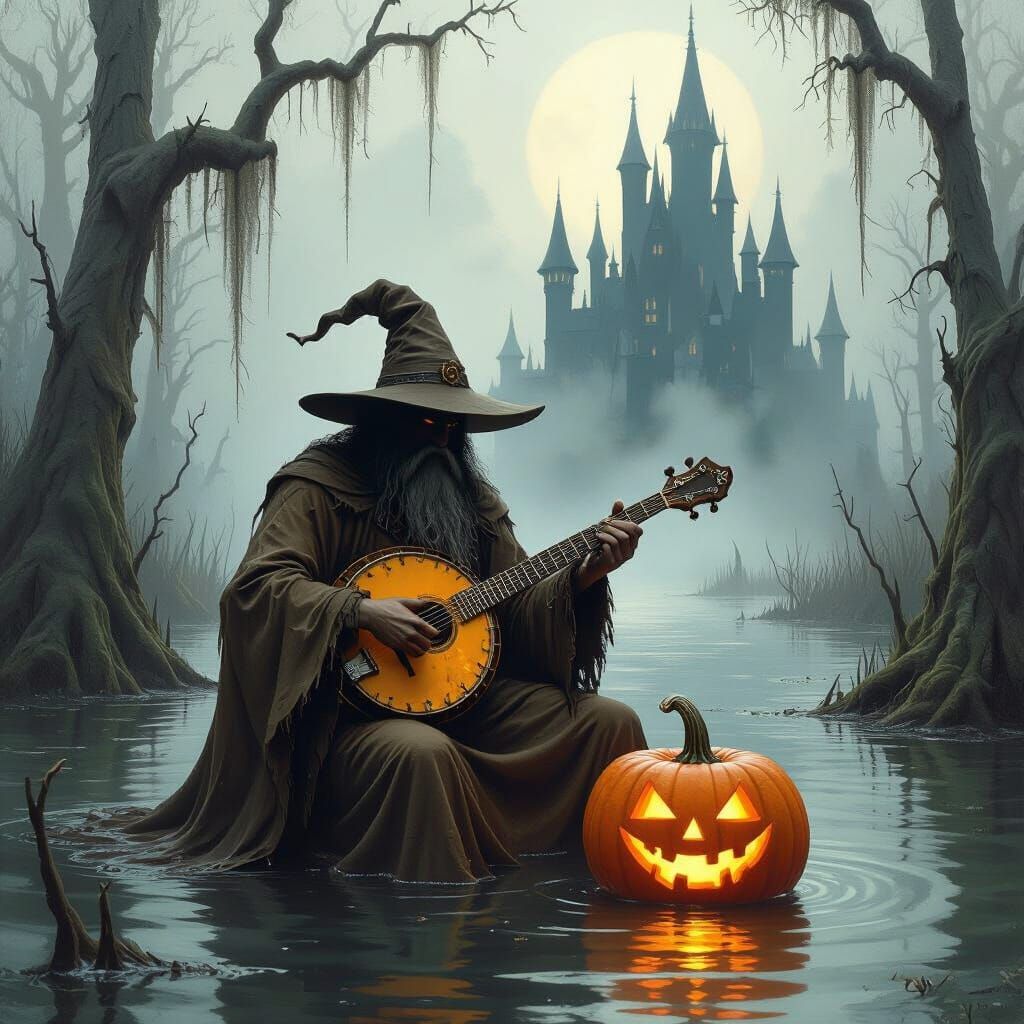 Misty Swamp Wizard Playing Pumpkin Banjo