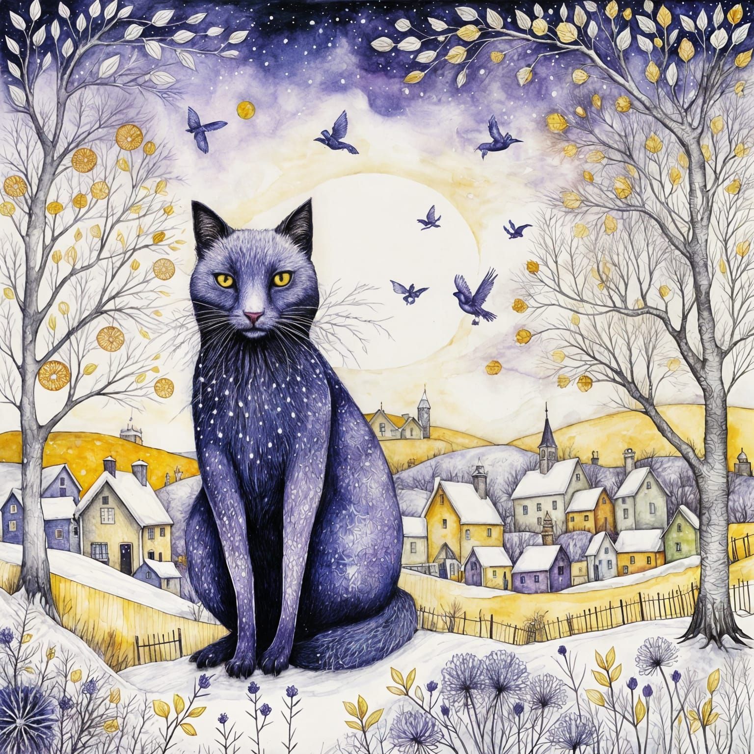 Cozy Winter Village Alcohol Ink Drawing