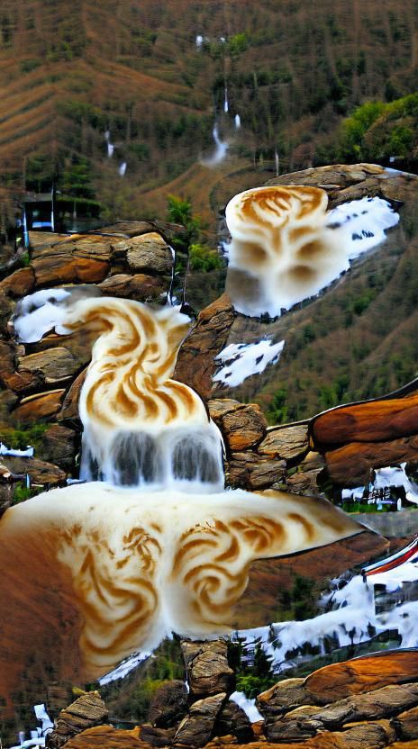 Latte Art Waterfalls in Coffee Foam Mountains