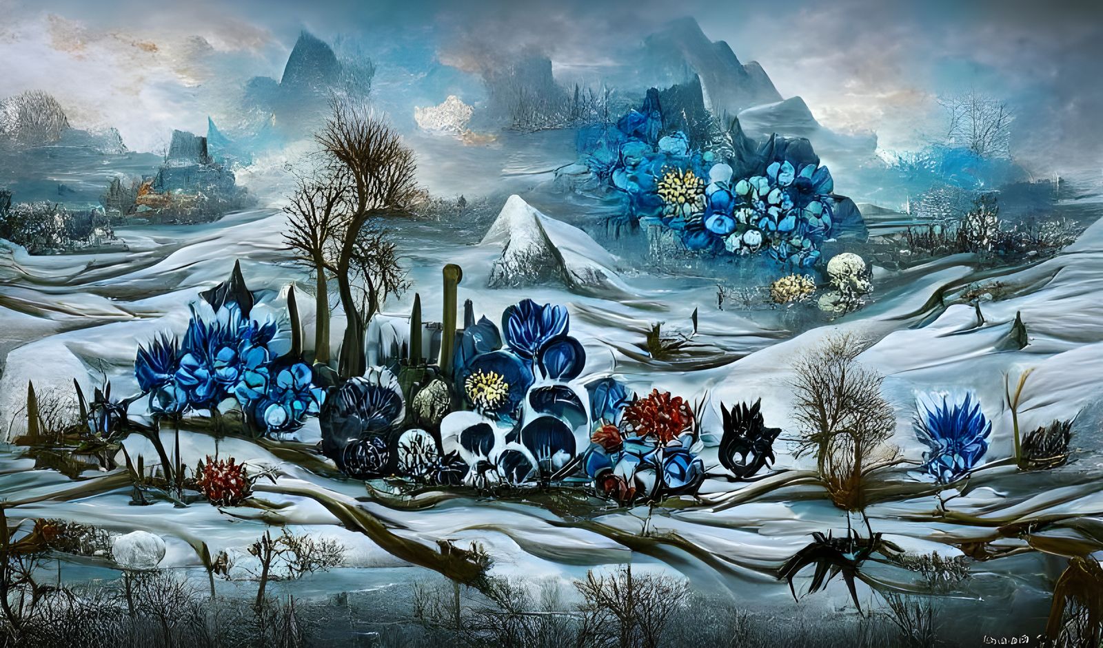 Floral Winter Landscape in Stygian Blue