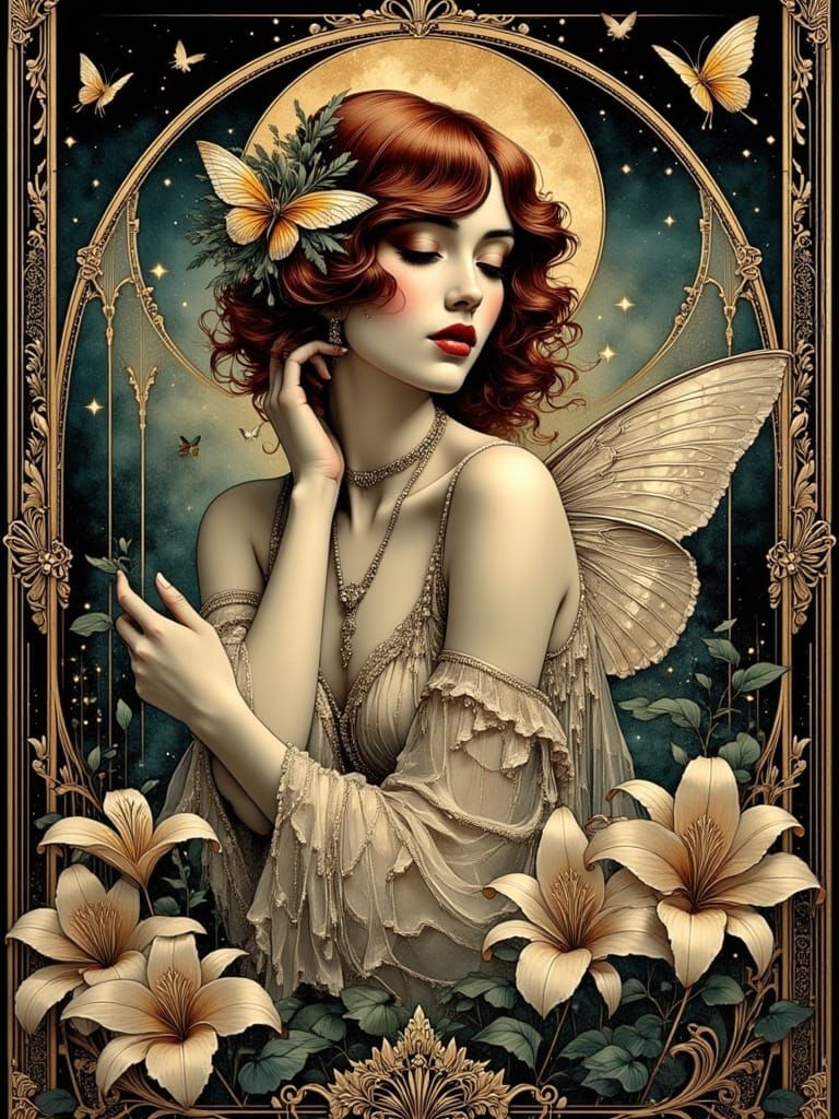 Victorian Goddess with Butterfly Wings and Lily Motifs