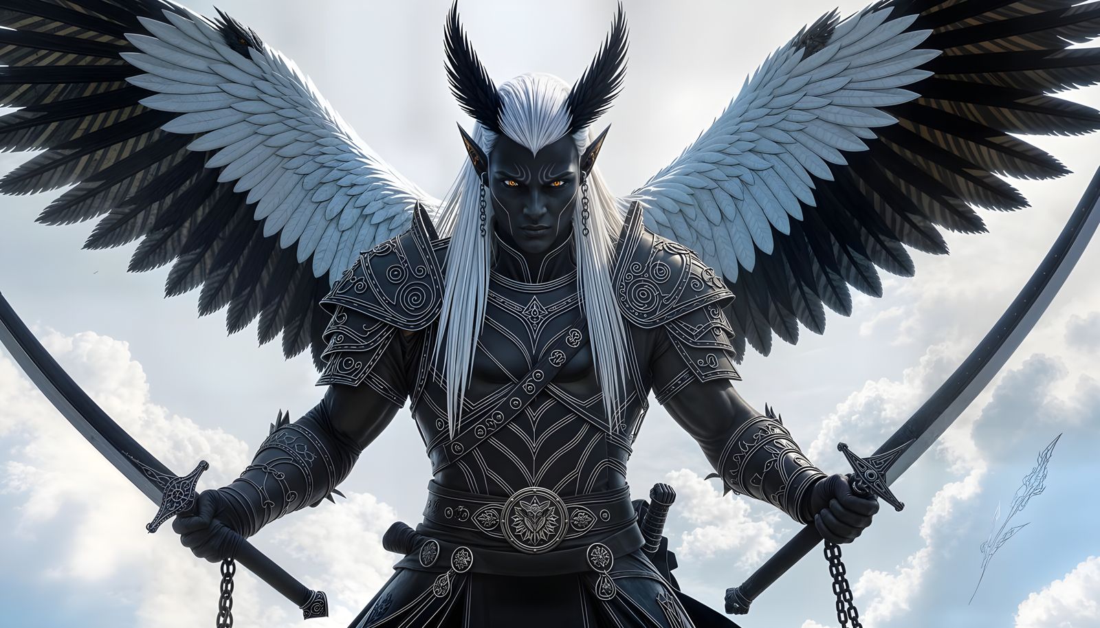 Elf Warrior with Flaming Hair & Owl Wings in Fantasy Armor