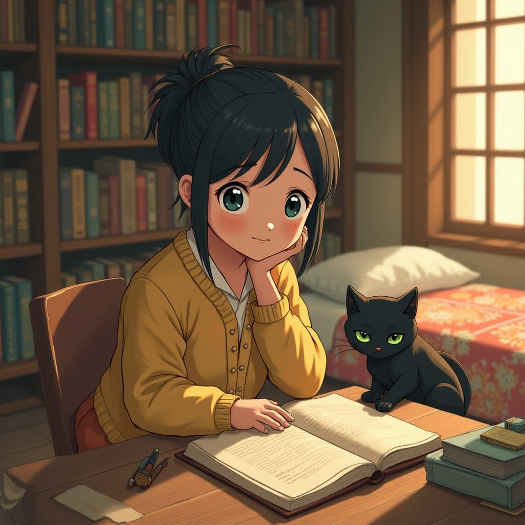 Ghibli-Inspired Girl Studies in Whimsical Japanese Room