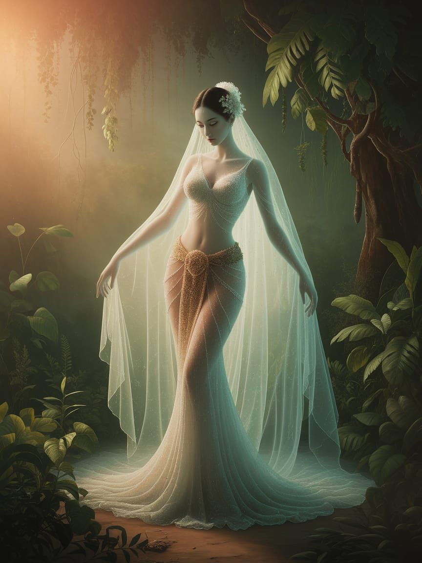 Ethereal Thai Ghost in Jungle Oil Painting