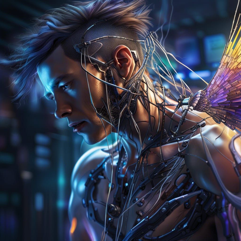 Hyperrealistic Cyborg Angel Trapped in Internet Wires