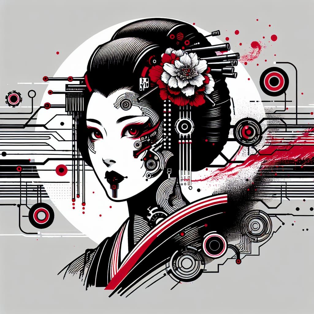 Cyberpunk Geisha with Red Accents