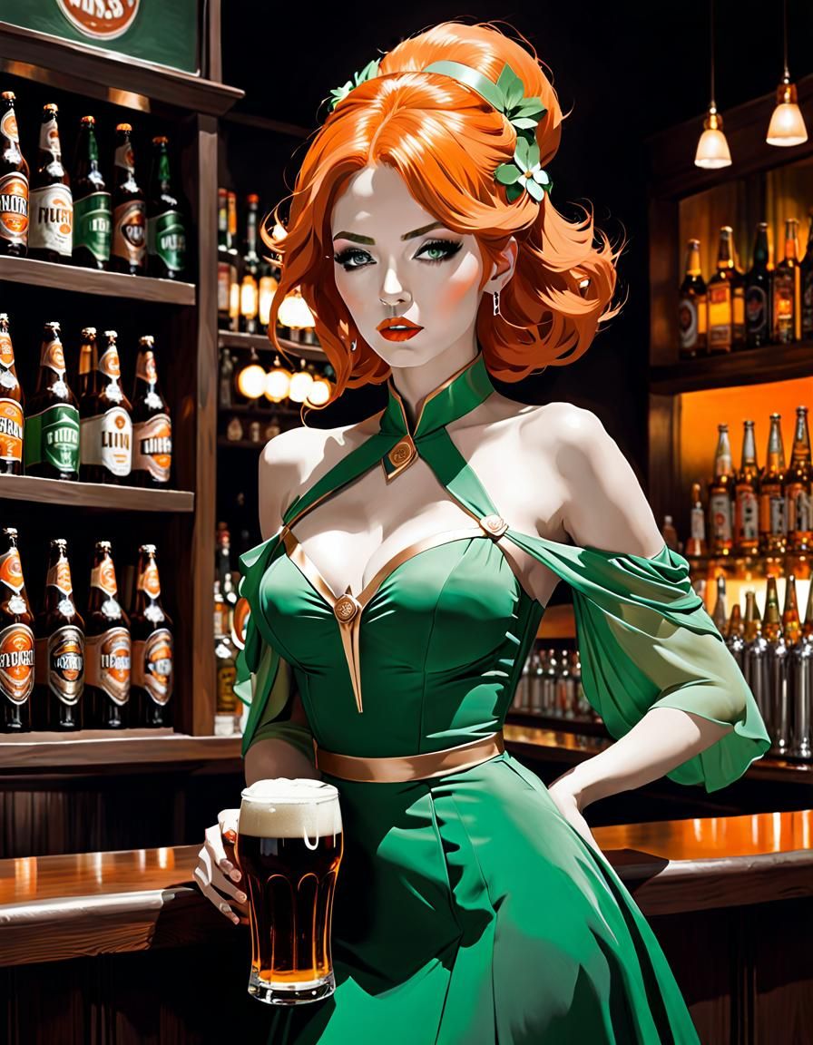 Dreamy Irish Waifu Serving Pints, Surreal Masterpiece