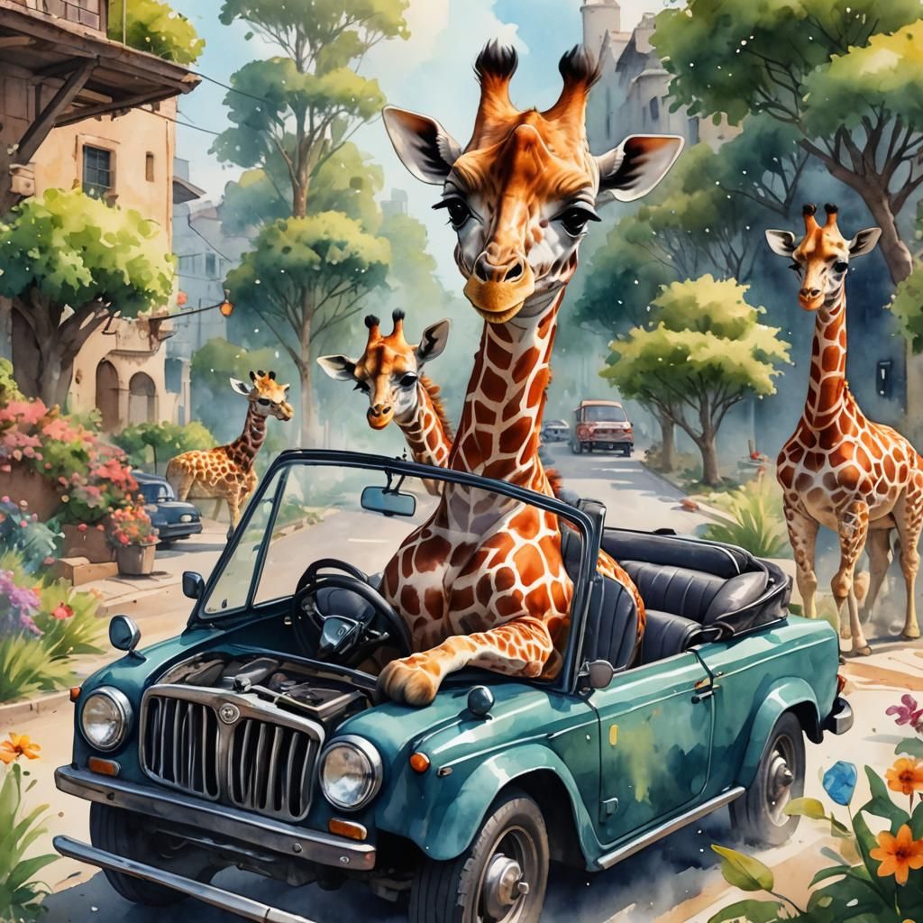 Baby Giraffe Driving: Watercolor Fantasy Art