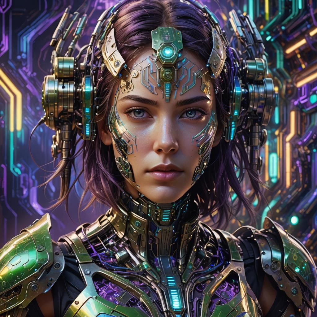 Woman in Mechanical Armor: Hyperrealistic Digital Art