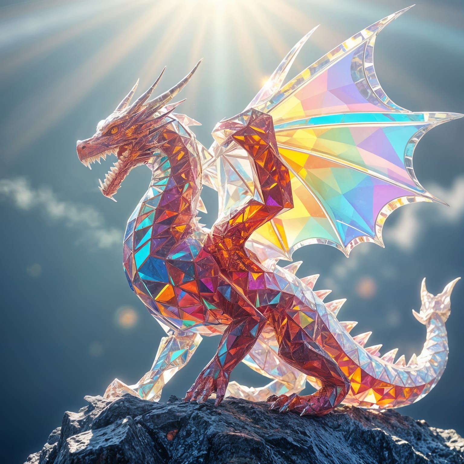 Crystal Dragon Radiates Vibrant Colors in Sunlit Glory