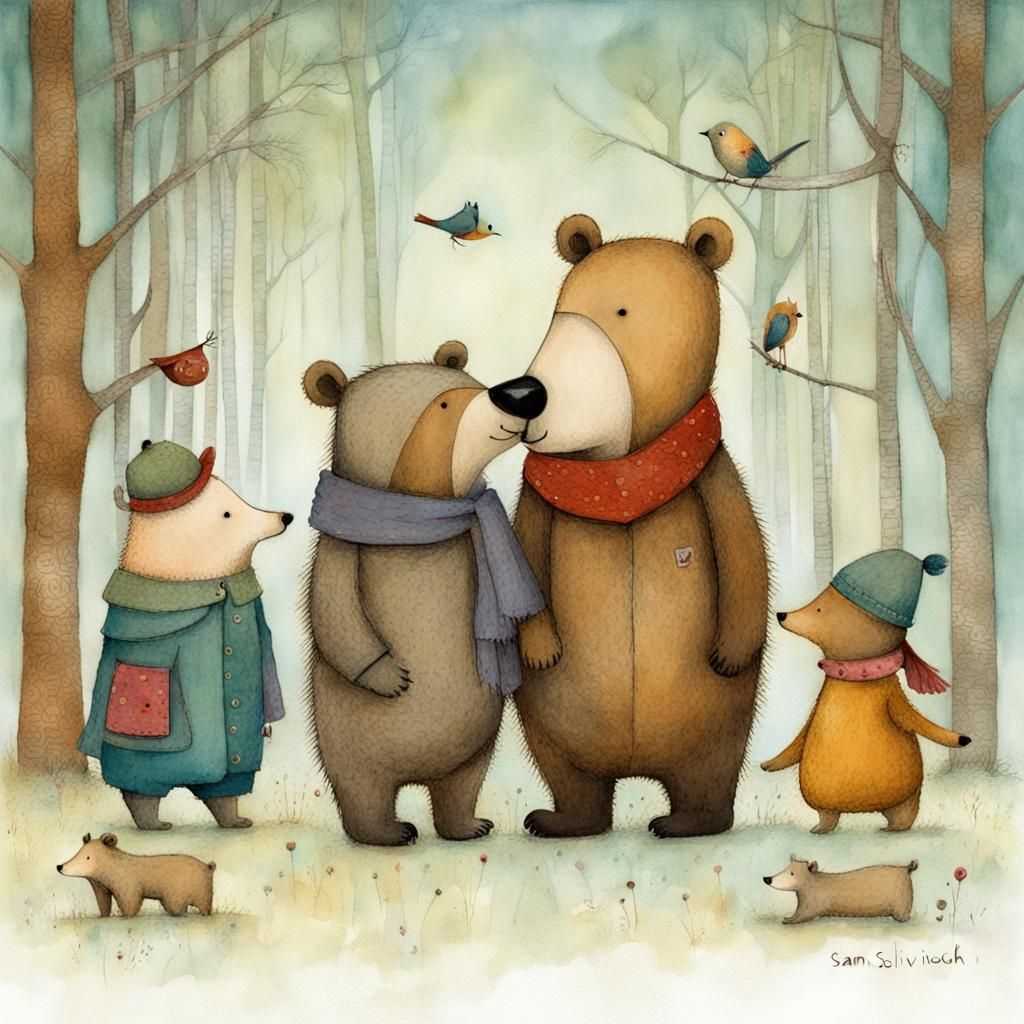 Whimsical Bear Cub and Friends Illustration