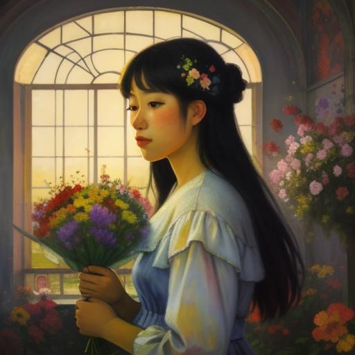 Melancholic Singer in Abandoned Hall, Impressionist Oil Pain...