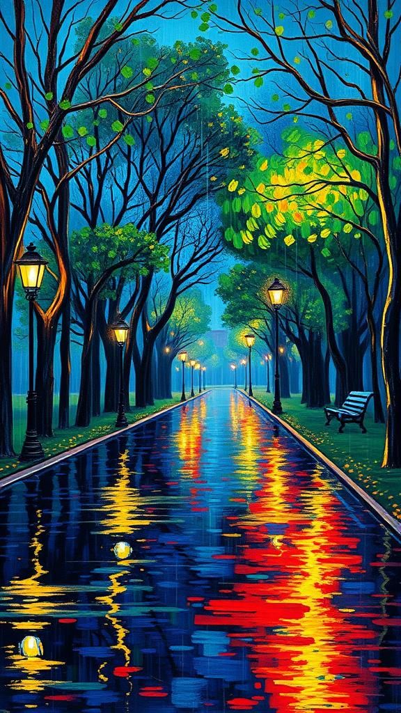 Colorful Rainy Night at the Park as Oil Painting