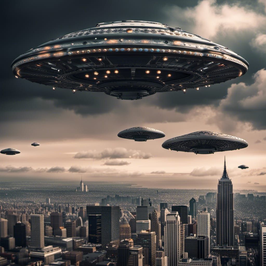 Hyperrealistic UFOs Over City at Night