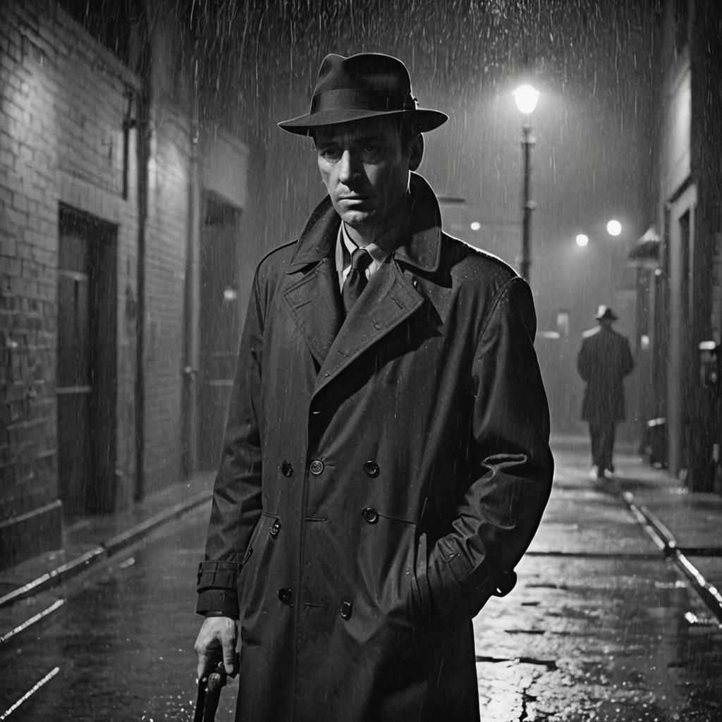 Noir Detective in Rainy Alley: Film Noir Style