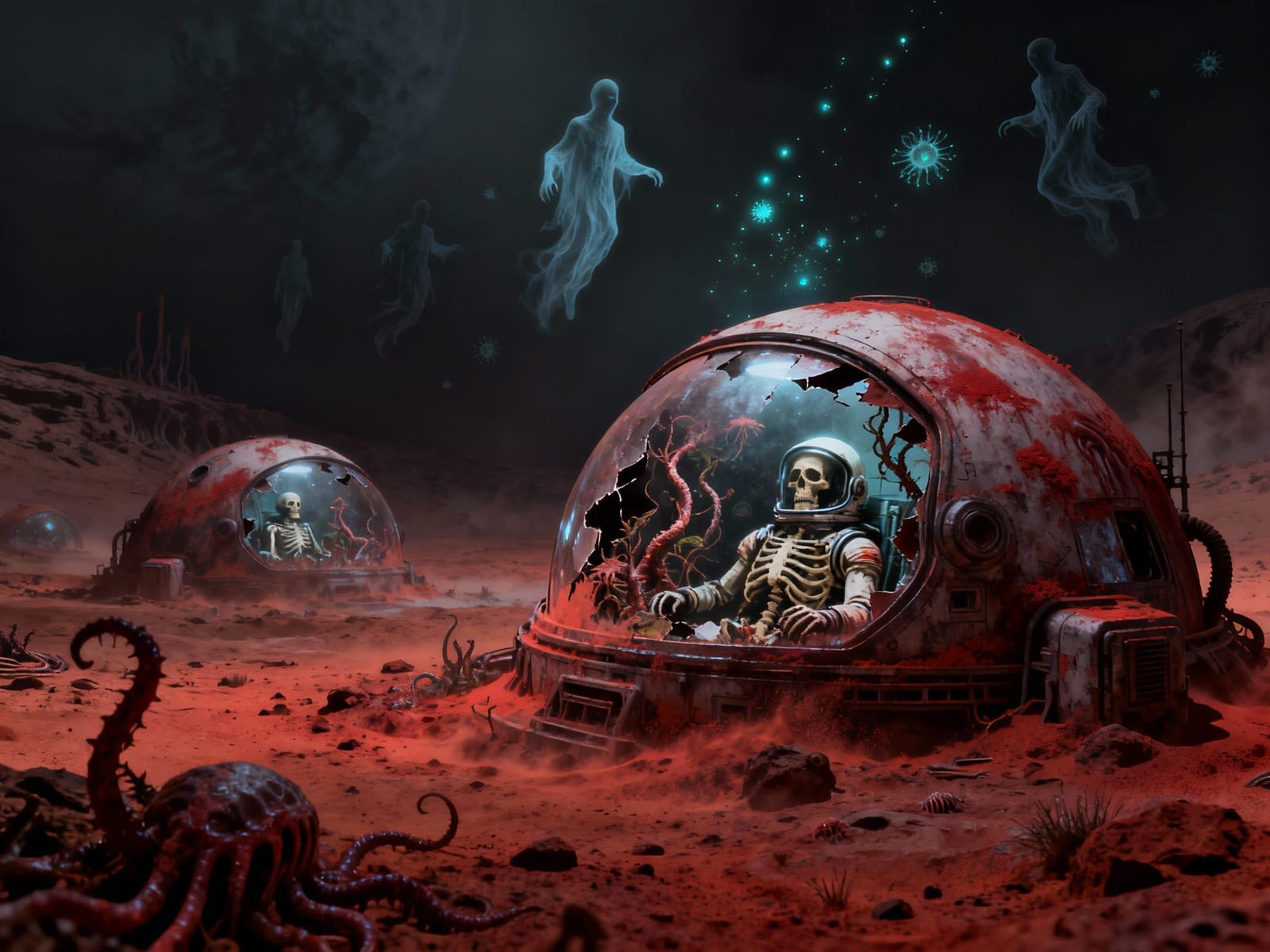 Haunted Martian Colony with Skeletal Astronauts