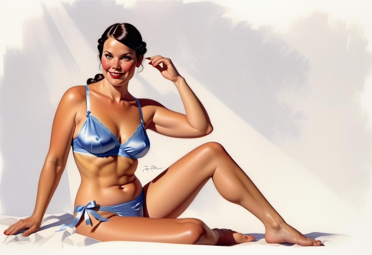 Curvy Woman in Underwear, Art Frahm Illustration Style
