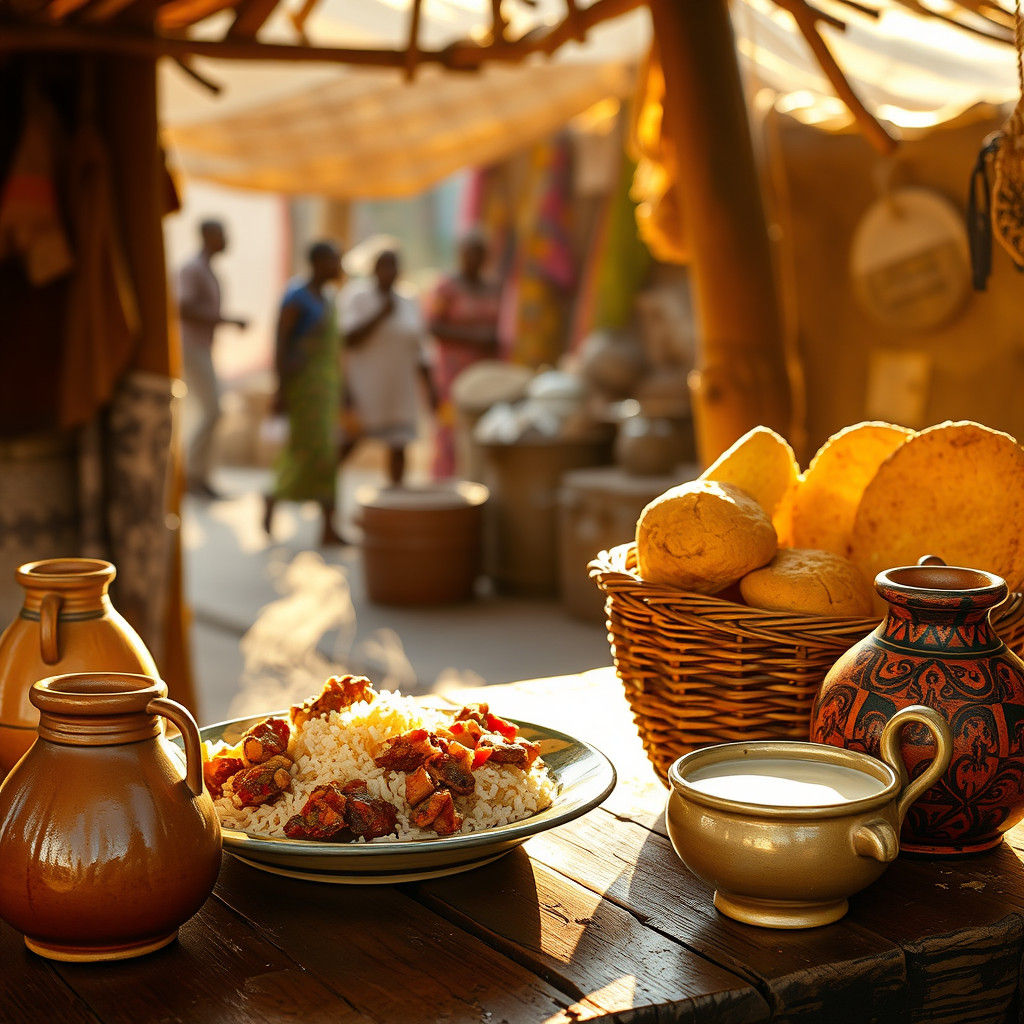 African Breakfast Still Life in Naive Folk Art Style
