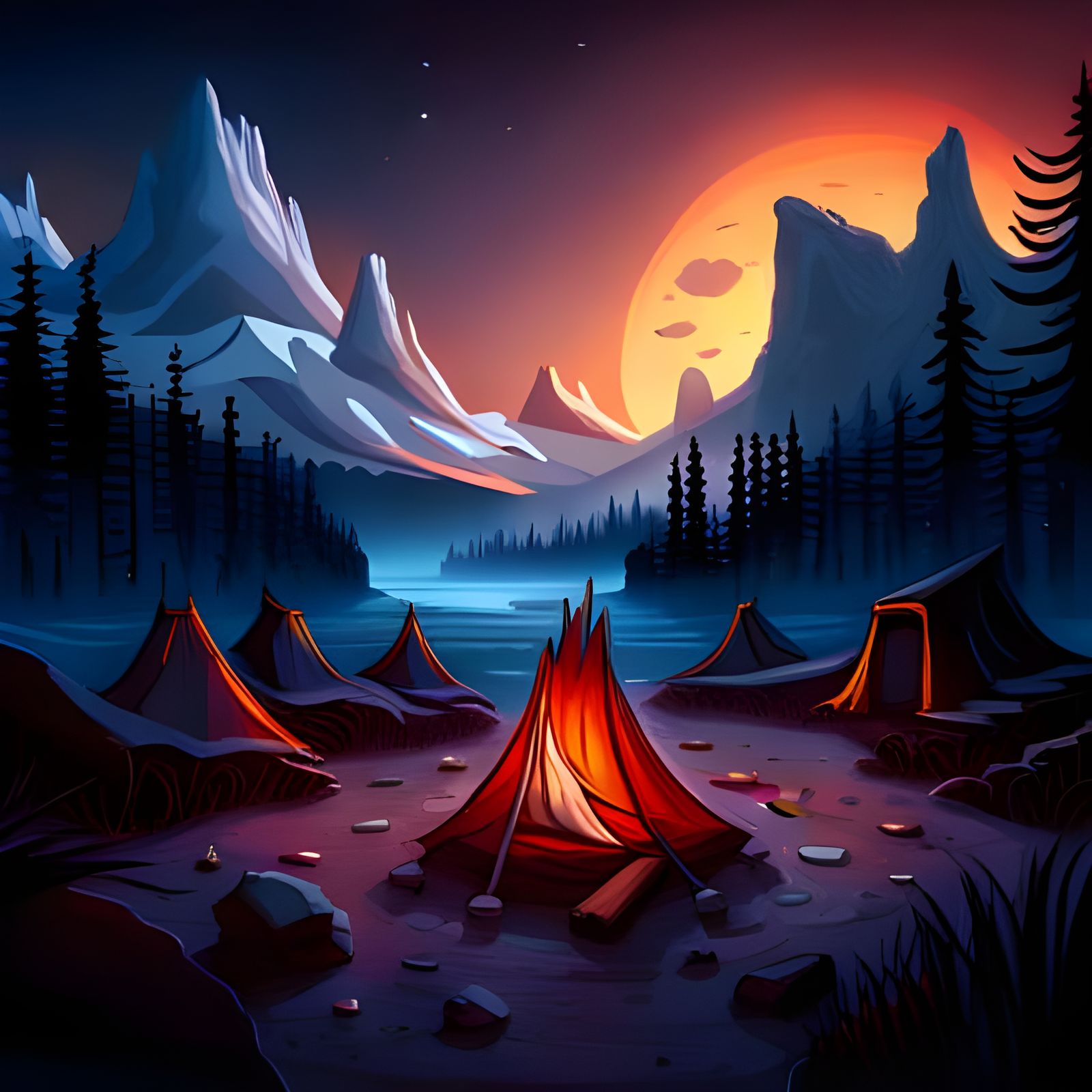 Cozy Campfire Under the Stars: Detailed Matte Painting