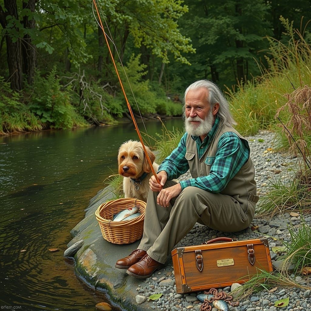 Old Man Fishing in Brook: Realistic, Warm-Toned Art