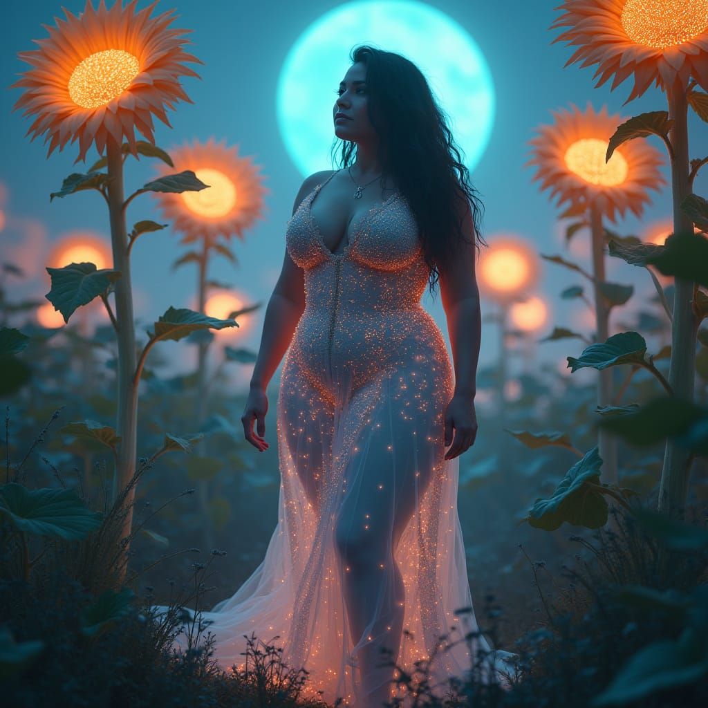 Confident Woman Poses in Bioluminescent Alien Sunflower Fiel...