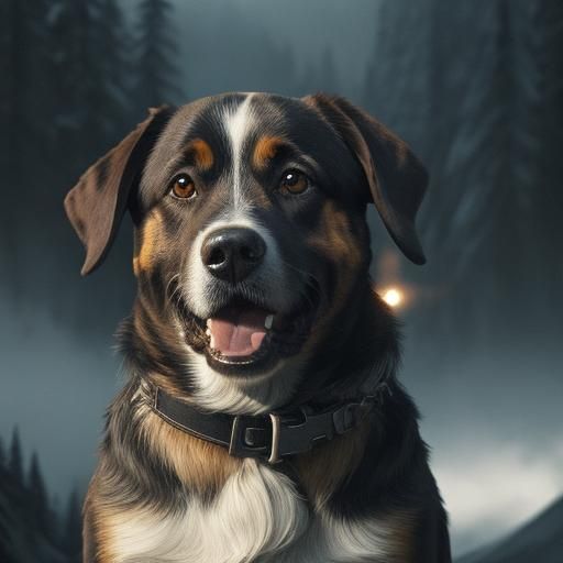 Happy Dog with Tattoo Sticker in Hyperrealistic Style