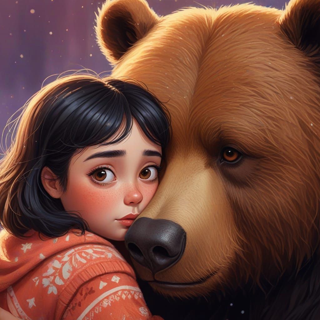 Cute Girl Crying, Hugging Brown Bear in Dreamy Digital Paint...