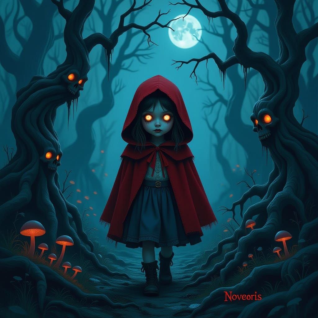 Chilling Little Red Riding Hood in Moonlit Forest