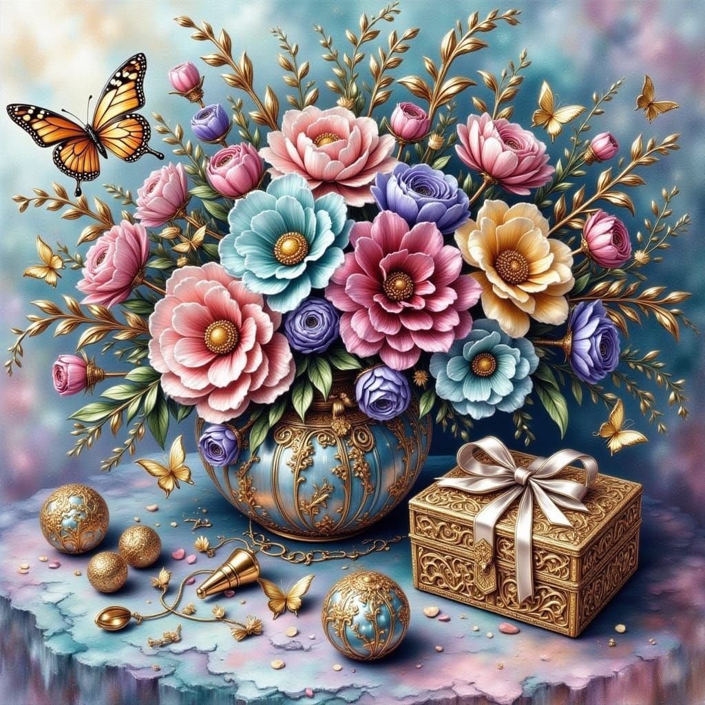 Exquisite Ancient Gold Watercolor Painting of a Vibrant Flor...